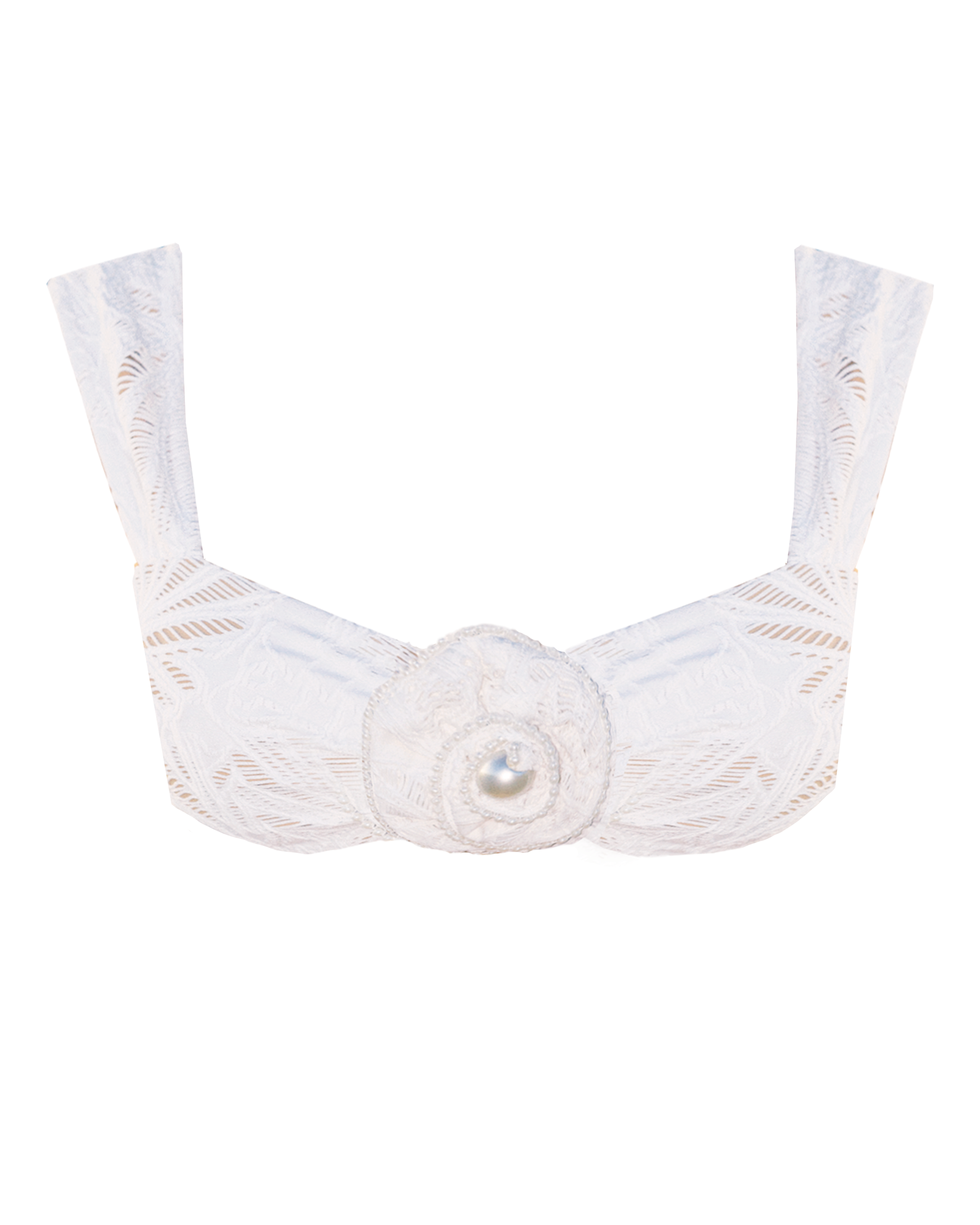 White bridal swimwear top with pearl trim and adjustable tie back