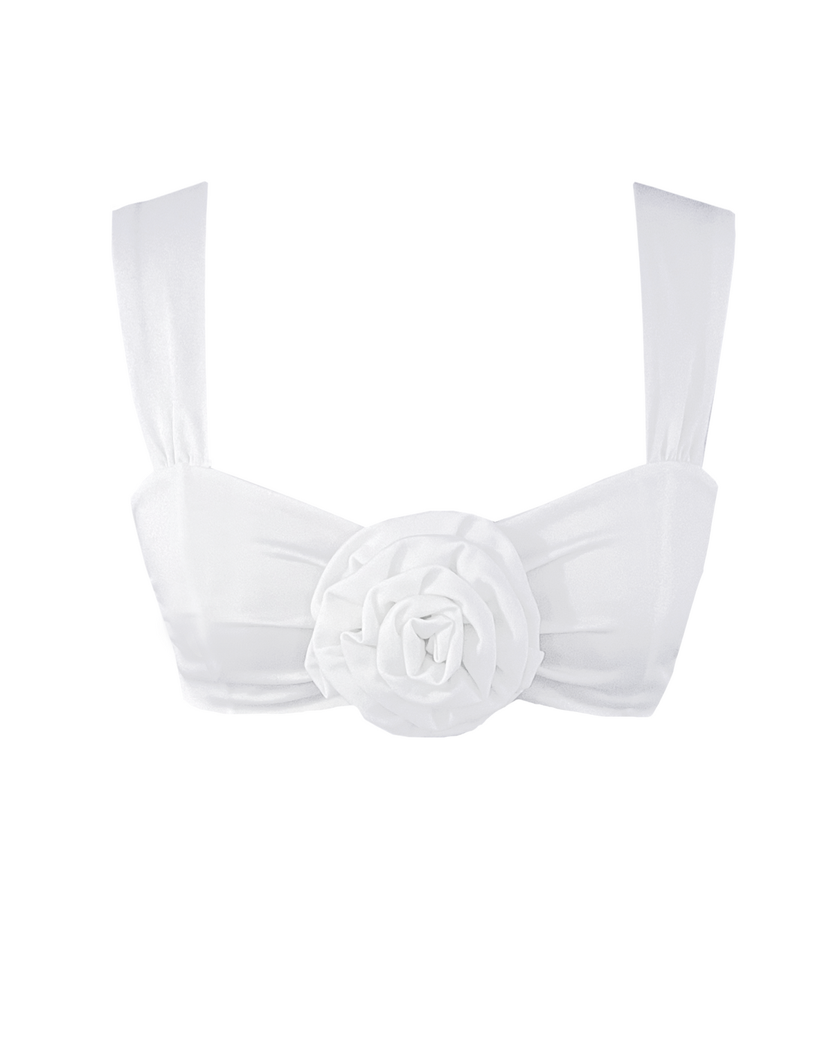 A white bridal swimsuit top with a rosette double strap design and an adjustable back tie.