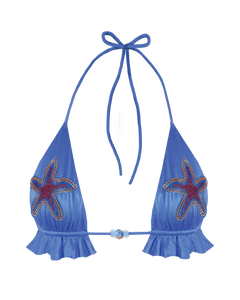 Blue bikini top with starfish designs on a white background