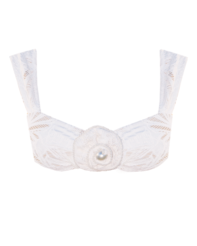 White bridal swimwear top with pearl trim and adjustable tie back 