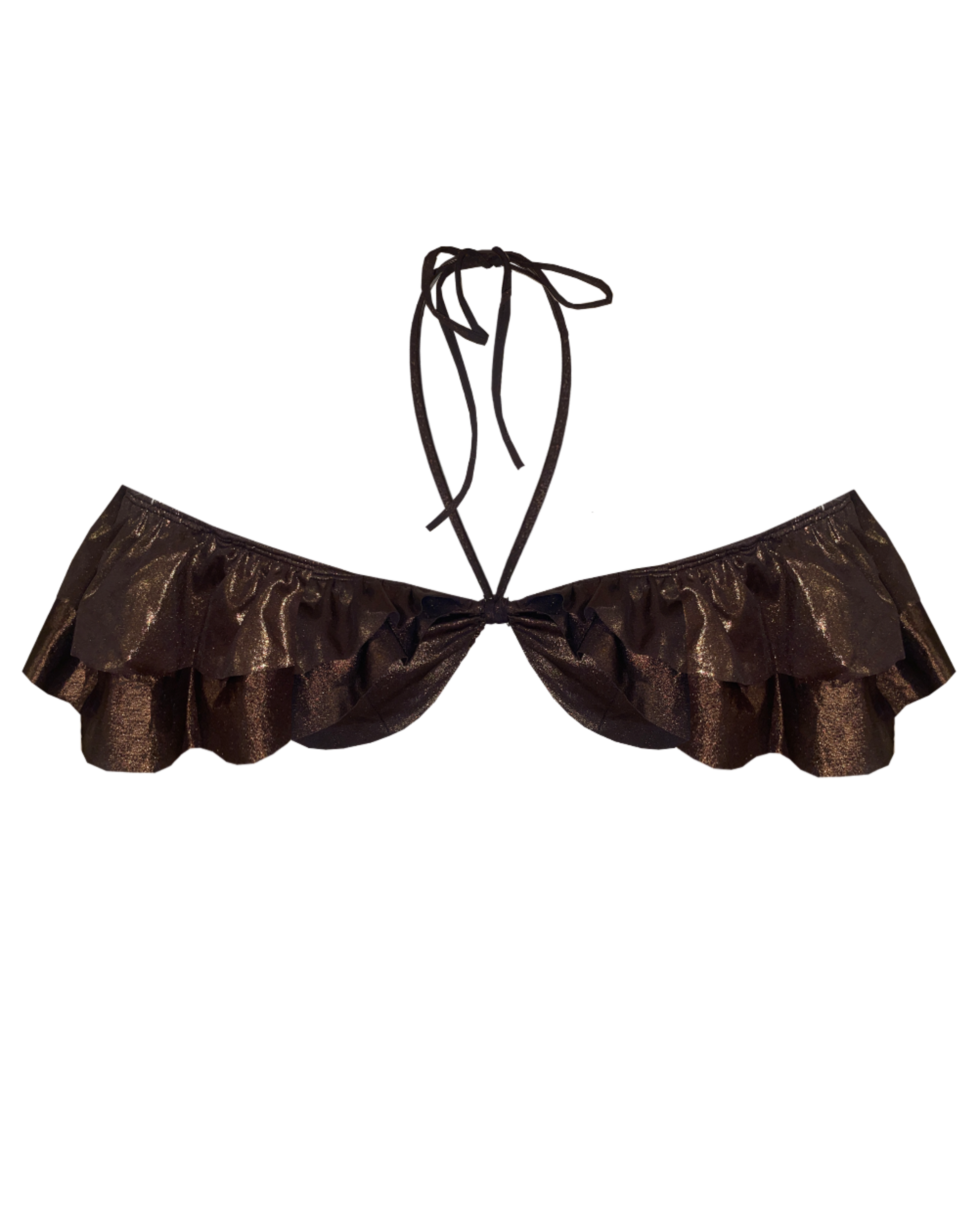 Brown metallic ruffled top with neck tie 